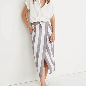 Madewell Striped Overlay Skirt Rock Gray & White Linen Blend Midi Sz Large